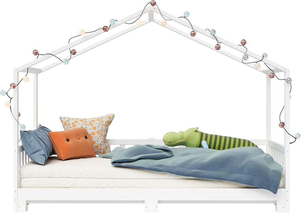 Bellabino Lettino per bambini Bia 140x200 cm, letto a capanna per bambini con protezione anticaduta e rete a doghe arrotolabile, letto a terra Montessori bianco in legno massello di pino