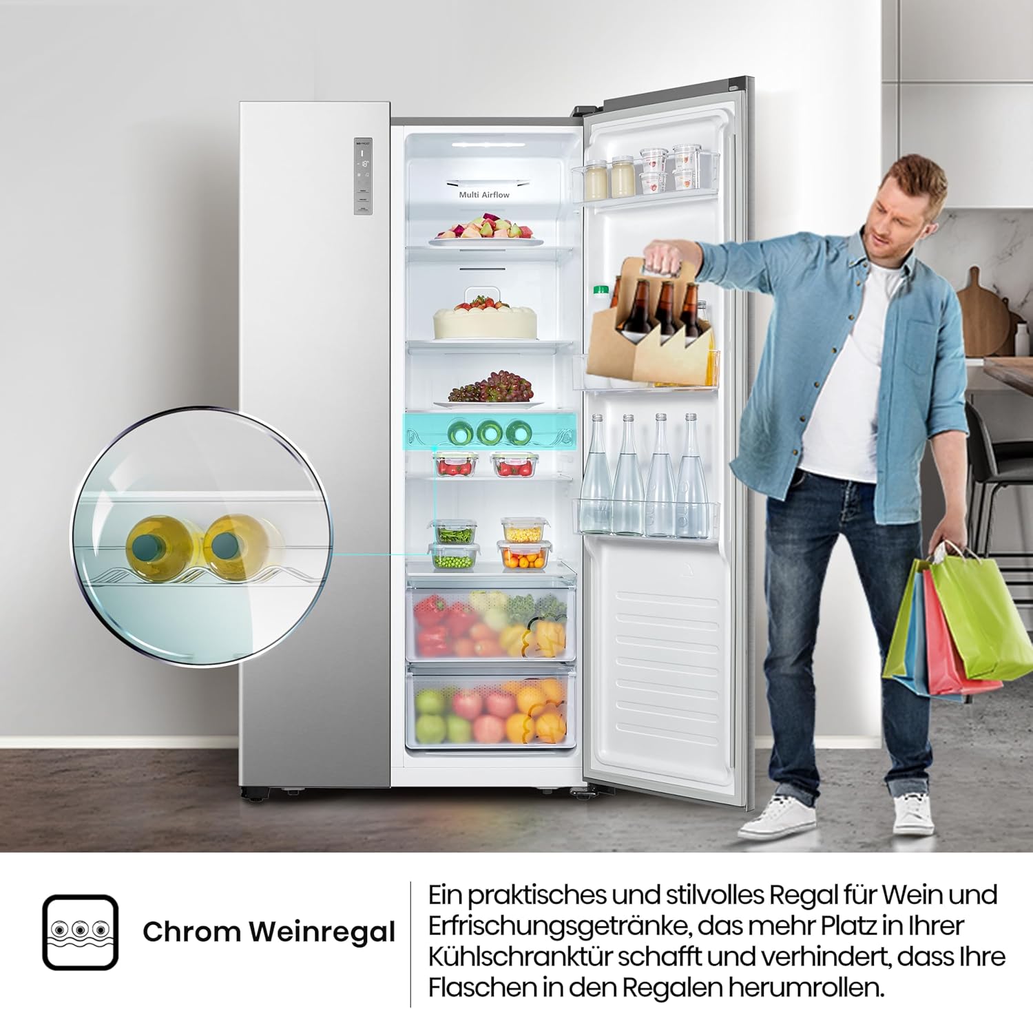 Hisense RS677N4BFD Frigorifero Americano Side by Side / Compressore Inverter / Porta Bottiglie / 2 FreshZone / Vano Verdure / Capacità Frigo 334 L / Capacità Congelatore 185 L / 41 dB / 247 kWh all'anno, Nero