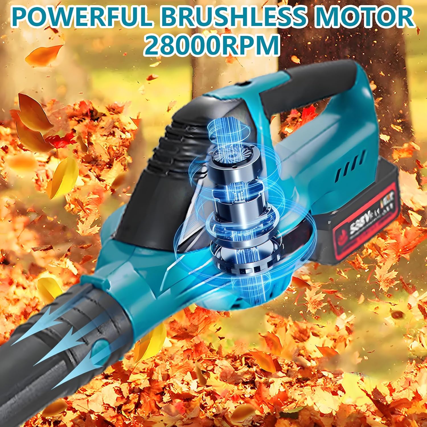 Soffiatore a batteria per Makita 18V, velocità dell'aria 219 km/h, soffiatore a 5 velocità, motore brushless da 28000 giri/min, soffiatore per foglie potente (nero con 2 batterie)