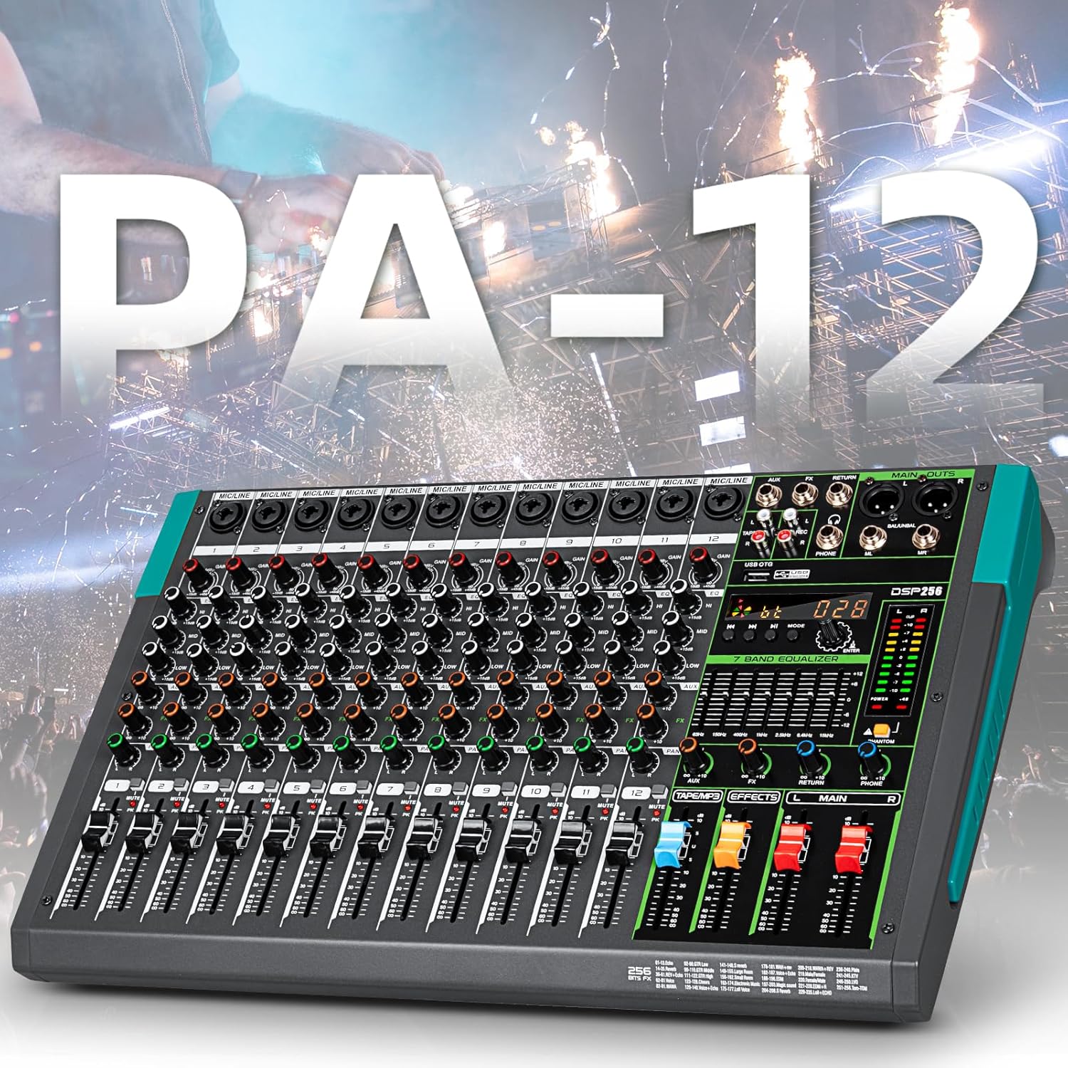 Depusheng PA12 Mixer DJ Professionale a 12 Canali con 256 Effetti DSP, Ingresso Bluetooth, Lettore USB, Alimentazione Phantom 48V