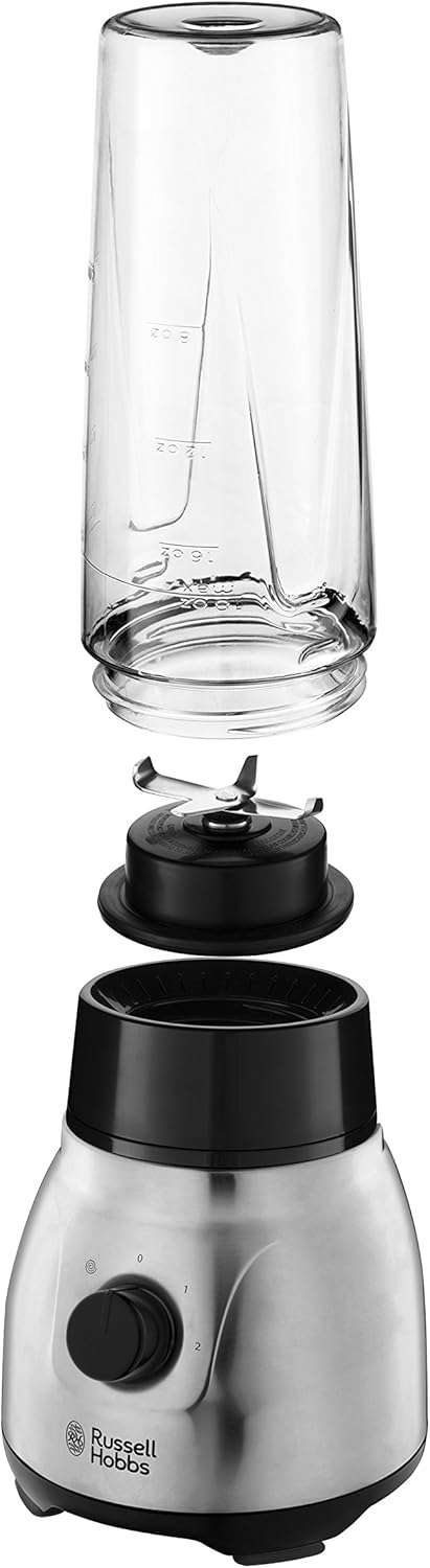 Russell Hobbs Frullatore 2-in-1 [Frullatore con caraffa in vetro da 1,5 l e mini frullatore da 0,6 l con borraccia to-go con coperchio] Lavabile in lavastoviglie, Funzione Pulse/Tritaghiaccio, Bicchieri senza BPA, Acciaio inox 23821-56
