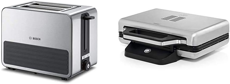Bosch TAT7S25 Kompakt-Toaster, Auftau/Aufknusperfunktion, 1050 W, Edelstahl/schwarz & WMF Lono Sandwich Maker, für 2 Standard- oder XXL-Toasts, 2-stufige Höhenanpassung, edelstahl matt