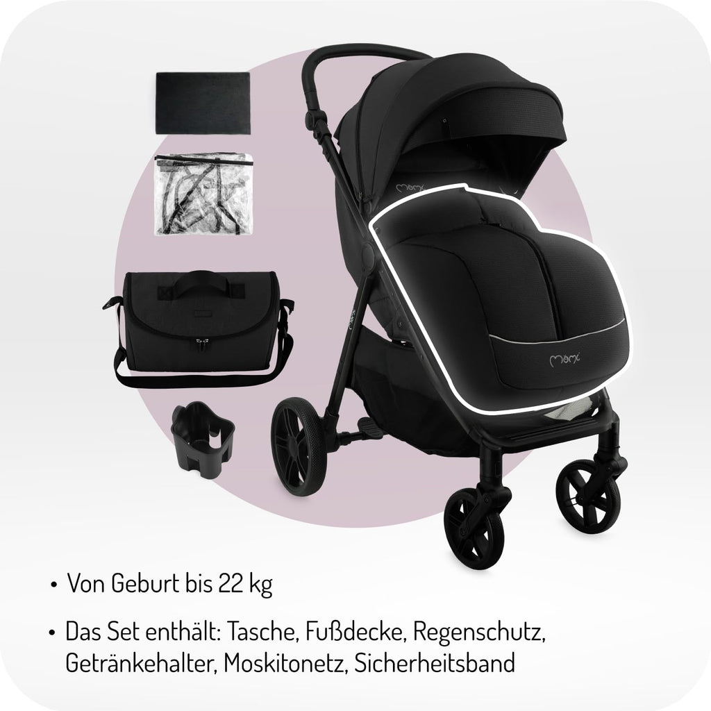 MoMi Passeggino CLARA, Passeggino dai 6 mesi in su, fino a 22 kg di peso corporeo, cintura di sicurezza a 5 punti, sacco coprigambe, portabicchieri, cestino della spesa, borsa per il cambio, zanzariera e parapioggia
