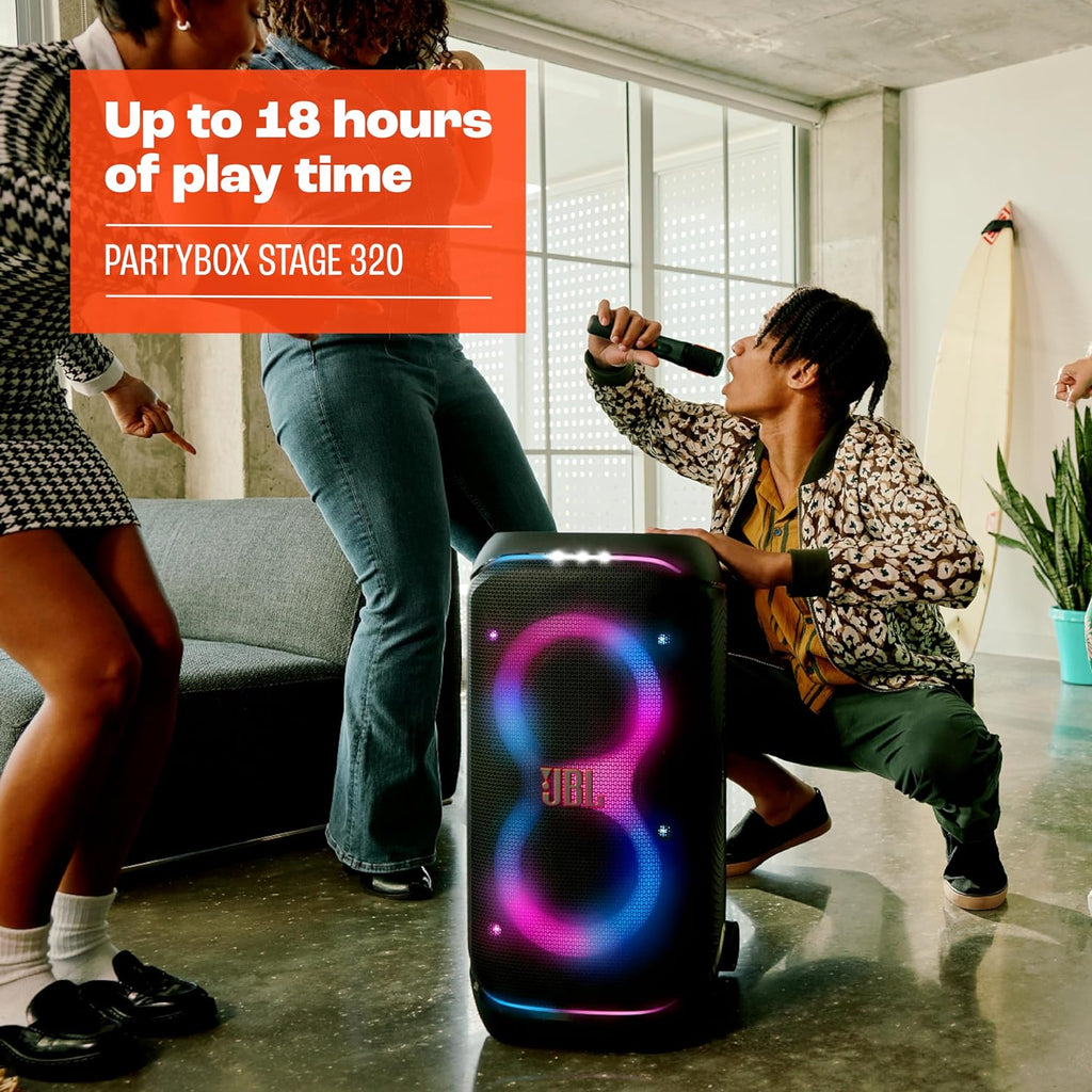 JBL Partybox Stage 120 in Schwarz – Tragbare Bluetooth-Lautsprecher-Box mit JBL Pro Sound, Lichtshow, KI-Sound-Boost und Teleskopgriff – 12 h Laufzeit