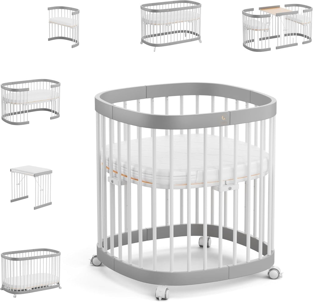 tweeto® Babybett 7 in 1 – mitwachsendes Babybett aus Holz | höhenverstellbares Beistellbett & Gitterbett | umbaubar zu Kinderbett & Laufstall (Buche Natur)