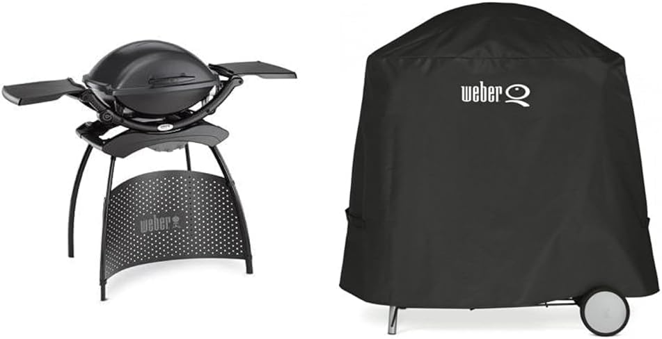 Weber Q2400 Barbecue elettrico con supporto + tavolini laterali, superficie di cottura 54 x 39 cm, portatile, griglia di cottura in ghisa smaltata in due pezzi, coperchio e braciere in ghisa d'alluminio - Grigio scuro (55020879)