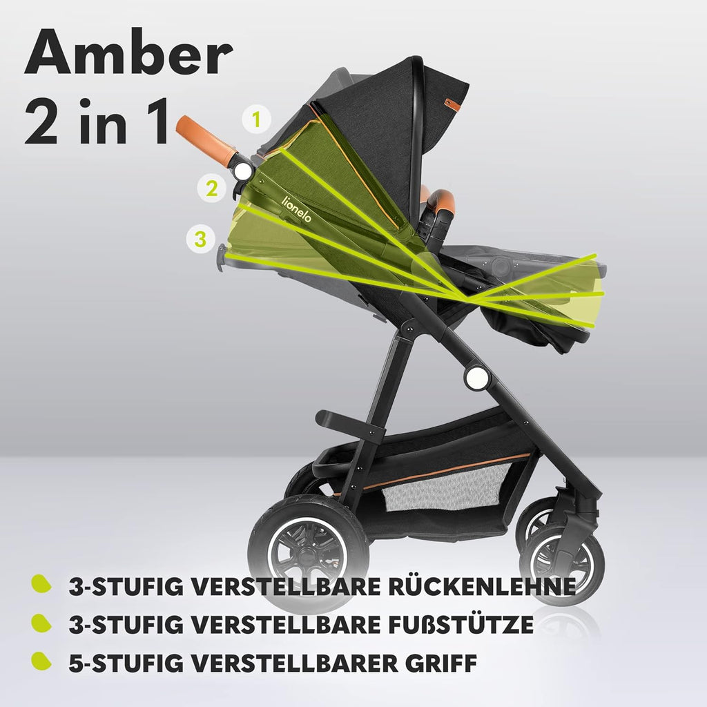 LIONELO Amber Kinderwagen 2 in 1 Kombikinderwagen, Kinderwagen Set mit sportlichen Sitz und fester Babywanne, Tasche, Moskitonetz, Abdeckung Regenblatt (Graphit)