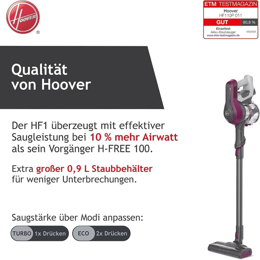 Hoover Akku-Staubsauger ohne Beutel + Tierdüse I bis zu 120 m mit 1 Akkuladung I Staubsauger kabellos mit LED, XL Staubbehlter & Parkfunktion I Akkusauger mit Fugendüse & Staubbürste [HF110P]