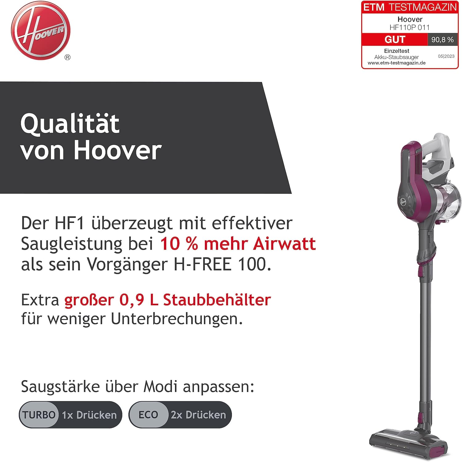 Hoover Akku-Staubsauger ohne Beutel + Tierdüse I bis zu 120 m mit 1 Akkuladung I Staubsauger kabellos mit LED, XL Staubbehlter & Parkfunktion I Akkusauger mit Fugendüse & Staubbürste [HF110P]