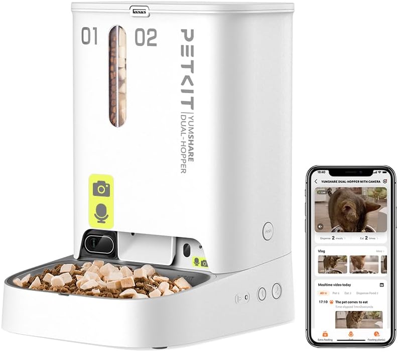 PETKIT Futterautomat Katze 2 Näpfe Mit Kamera, Futterautomat Katze,5L Katzen Futterautomaten,Automatischer Futterspender für Katze und Hund,KI Funktion,1-10 Mahlzeiten/Tag, 1-30 Portionen