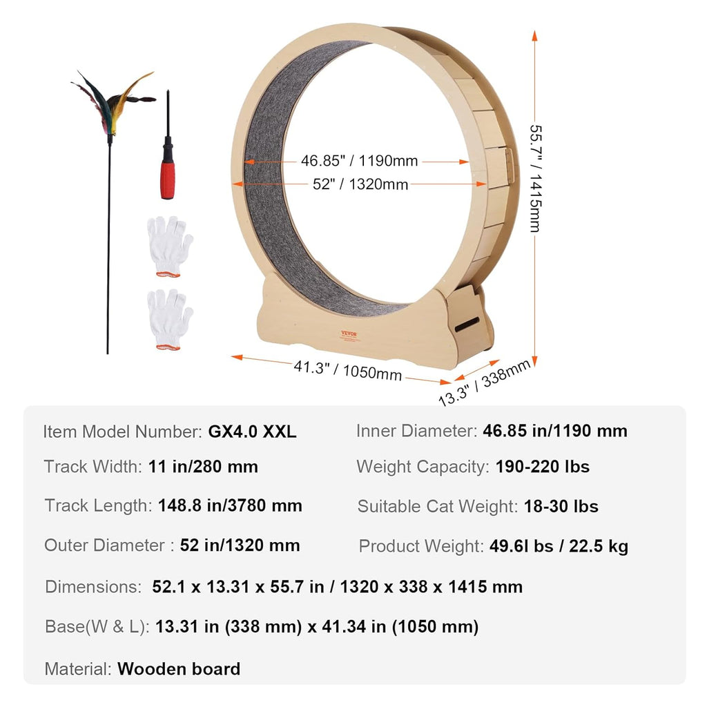 VEVOR Ruota Esercizio per Gatti in Legno, Tapis Roulant per Gatti da Interno da 132 cm, Ruota per Gatti con Moquette Rimovibile e Bacchetta Giocattolo per Gatti per Corsa/Camminata/Esercizio, Adatta per la Maggior Parte dei Gatti Fino a 13 kg