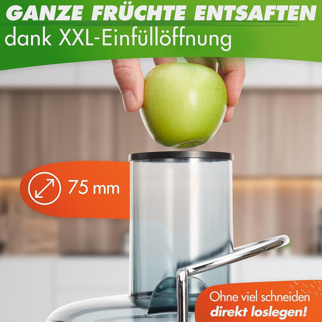 Nutrilovers QUICK-JUICER Centrifuga in acciaio inox per frutta e verdura *Vincitore del test* I Imbocco XXL per spremere frutti interi, 800W, 2 velocità, senza BPA incl. borraccia + ricettario e app