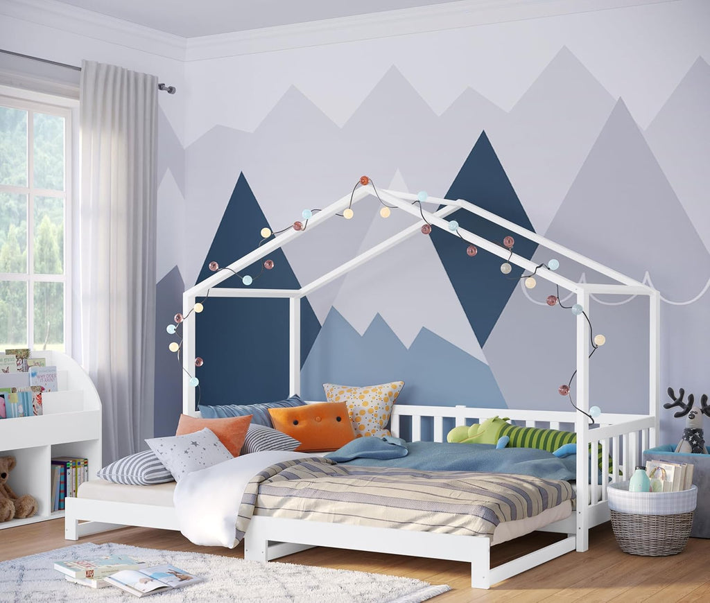 Bellabino Lettino per bambini Bia 140x200 cm, letto a capanna per bambini con protezione anticaduta e rete a doghe arrotolabile, letto a terra Montessori bianco in legno massello di pino