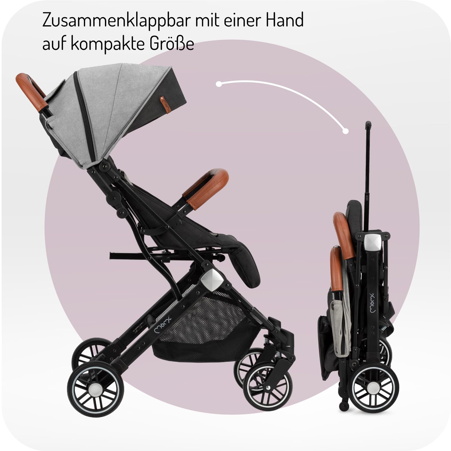 MOMI ESTELLE Kinderwagen für Kinder ab 6 Monat bis zu max körpergewicht von 15 kg, klappbar auf die Maße 65 x 51 x 21 cm, gewicht 7,5 kg, 5-Punkt-Sicherheitsgurt, koffer, grau-gold, Räder 6''/6,5''