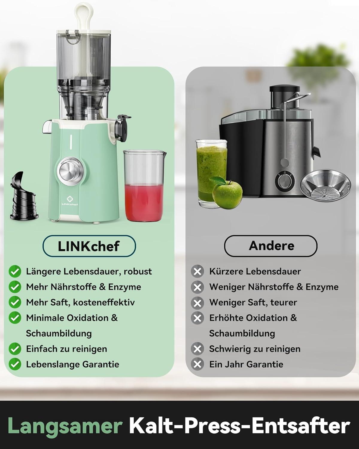 LINKChef Schnellreinigungs Entsafter, NO-Prep Entsafter Gemüse und Obst, Blitzreiniger Saftpresse Slow Juicer Testsieger mit Einfacher Installation, BPA Frei, 115mm, 1.2L, 200w Schwarz