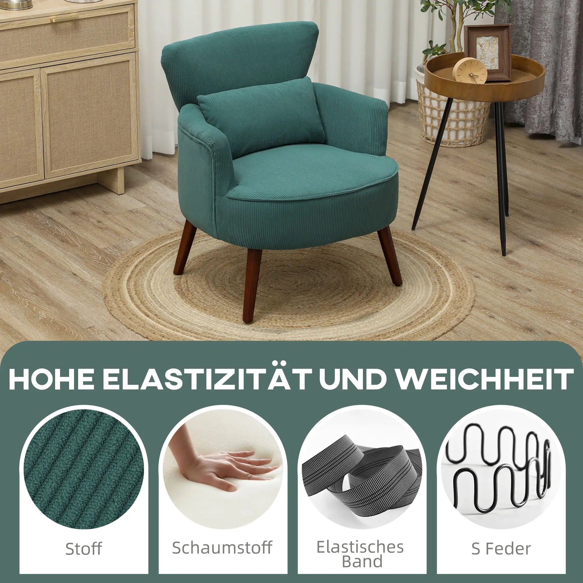 HOMCOM Poltrona da salotto imbottita morbida ed elastica con schienale a orecchie Verde scuro