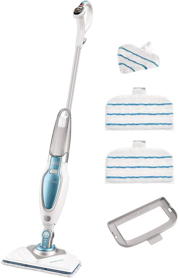 Black+Decker Pulitore a vapore Steam Mop Deluxe FSM1630 / Mop a vapore verticale per pavimenti duri sigillati/Pulizia dei pavimenti con panno in microfibra lavabile / Piede rimovibile ruotabile a 180° / 1600W