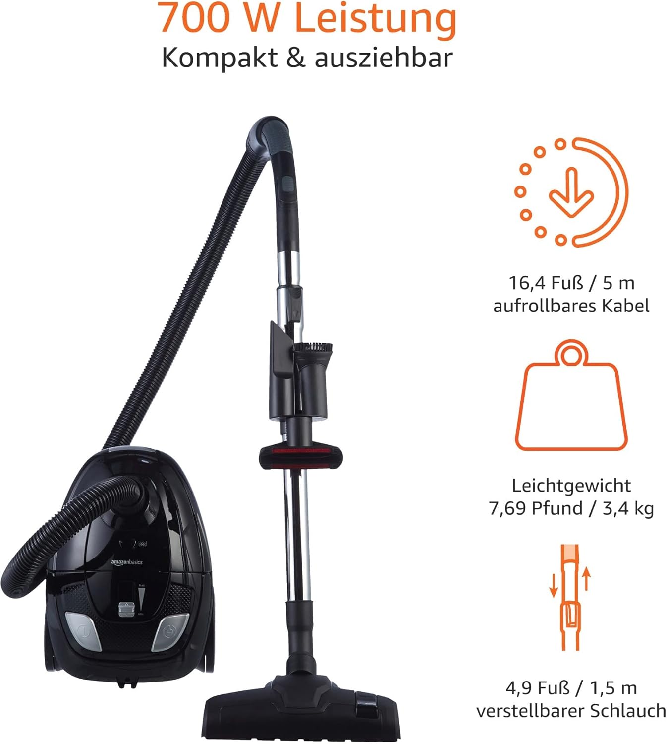 Amazon Basics - Aspirapolvere con sacchetto, potente, compatto e leggero, per pavimenti duri e tappeti, filtro HEPA, 700 W, 1,5 l, UE, nero