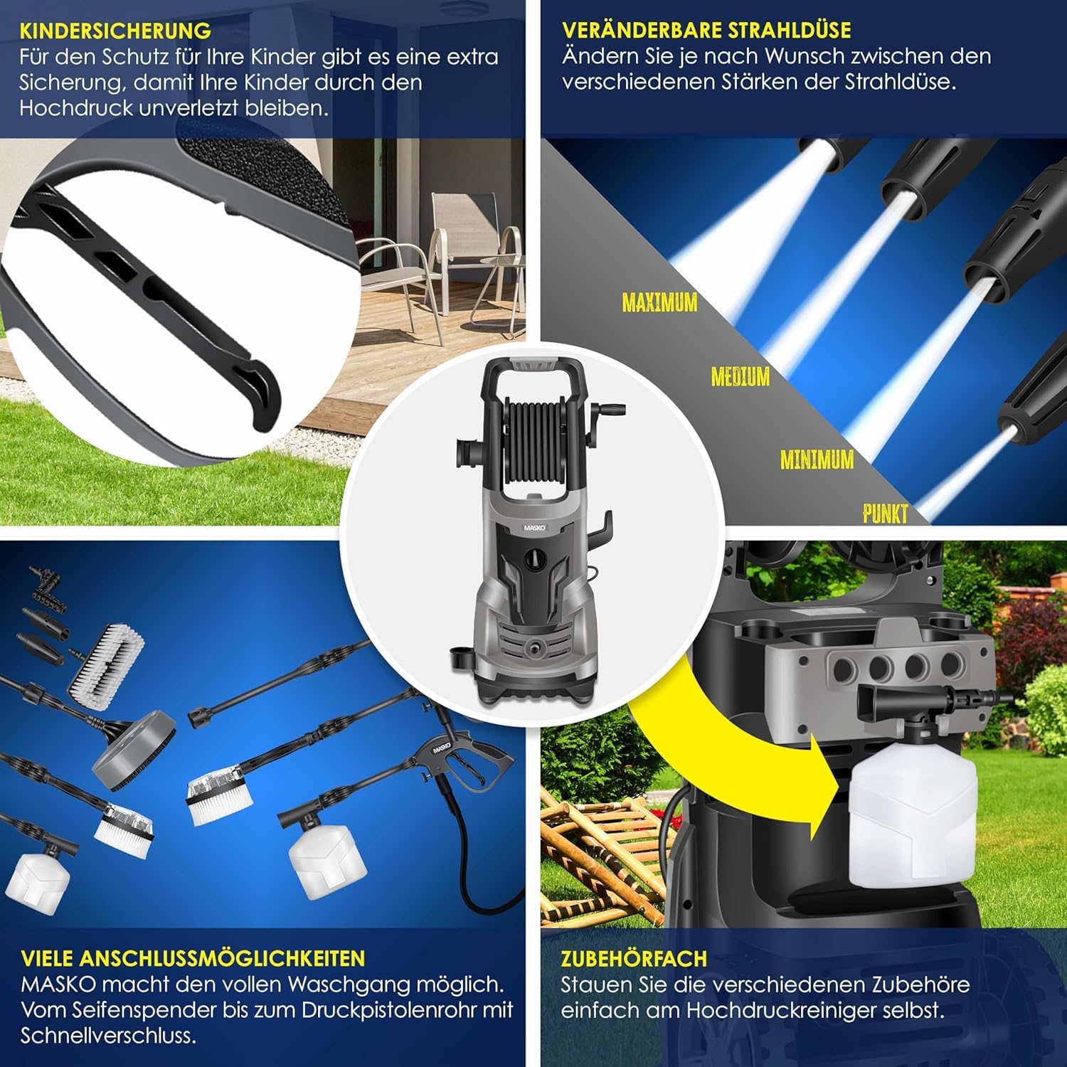 MASKO® Idropulitrice 2200 Watt 165 bar 450 l/h, con avvolgitubo 10m, set accessori 9 pezzi, con serbatoio per sapone e ugello schiumogeno, pistola ad alta pressione per auto/recinzioni/giardino/pati (Grigio)
