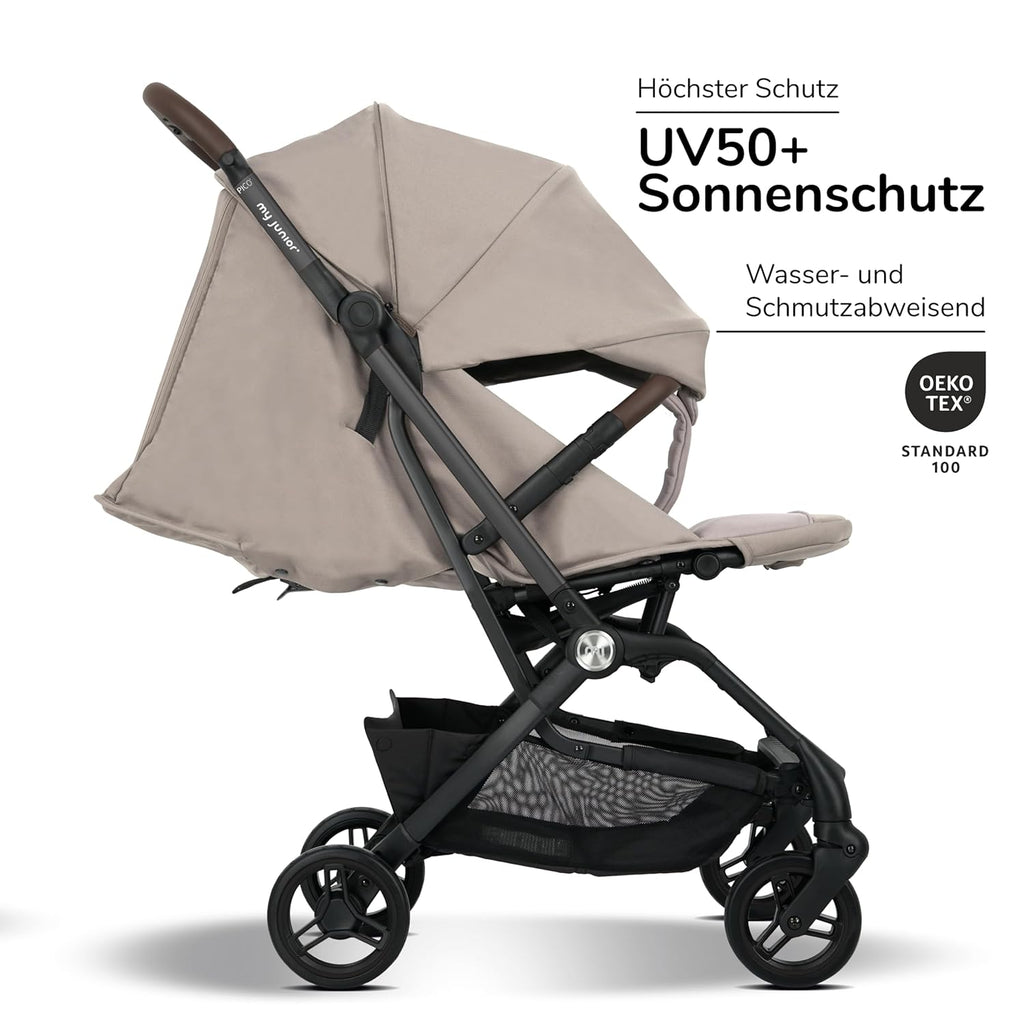 my junior® Buggy PICO³ | bis 22kg | Einhand AutoFold-Klappmechanismus | Ergonomische Liegeposition nach IGR e.V. | großes Sonnenverdeck UV50+ | Handgepäckmaß | 2 Belüftungsfenster Hazel - Black