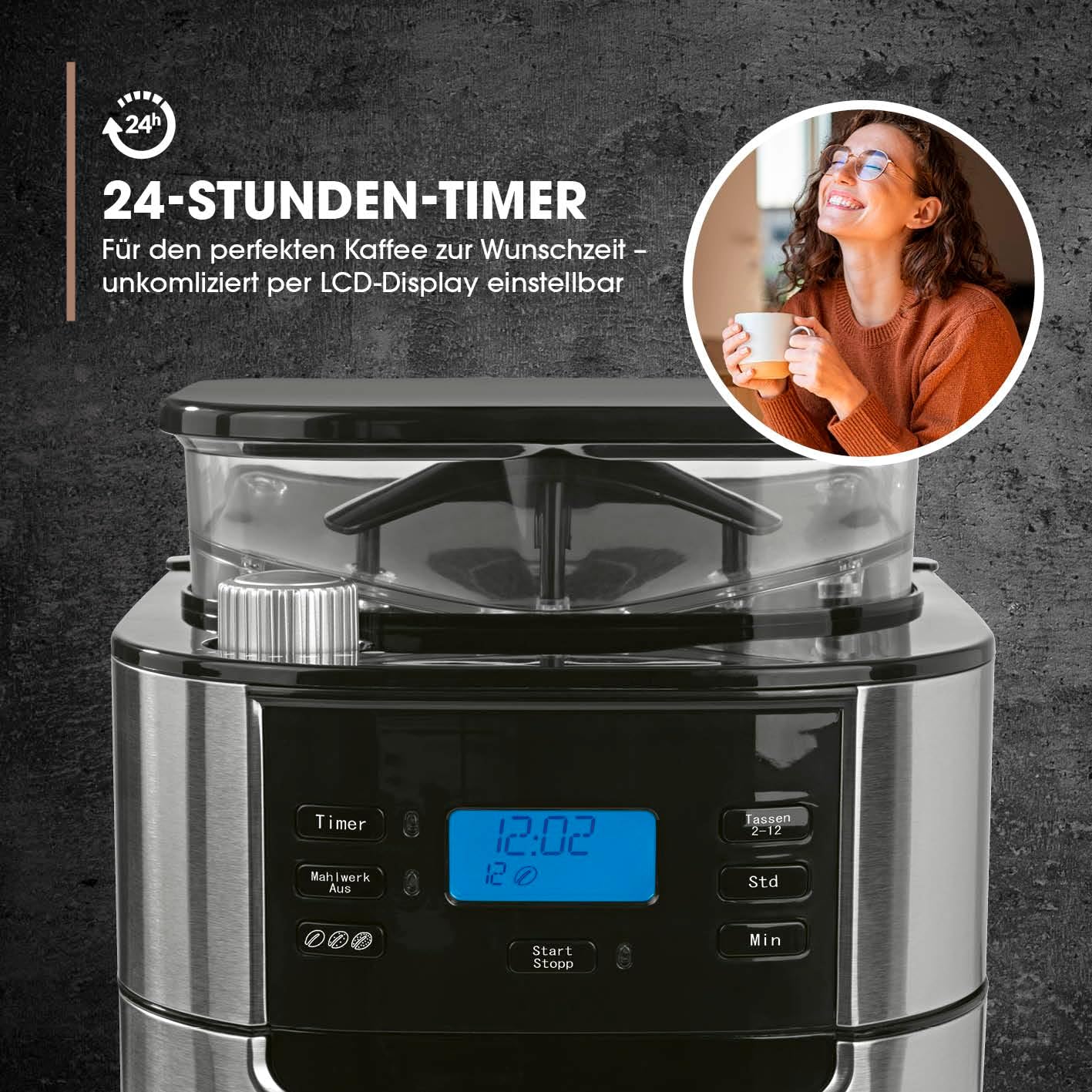 Barista Kaffeemaschine mit Mahlwerk | Filterkaffeemaschine mit Glaskanne | 900W Filtermaschine mit Touchdisplay & Timerfunktion für bis zu 10 Tassen | 1,25 Liter Kaffeekanne | Für Bohnen & Pulver
