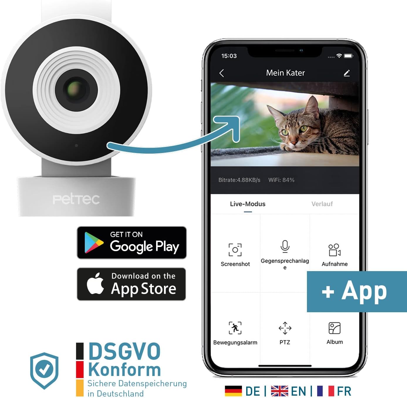PetTec Videocamera per animali domestici a 360° e distributore automatico di cibo con espulsione di crocchette - tramite App e pulsante multifunzione - Rilevamento dei latrati - Funzione visione notturna 3MP - Telecamera per cani e gatti