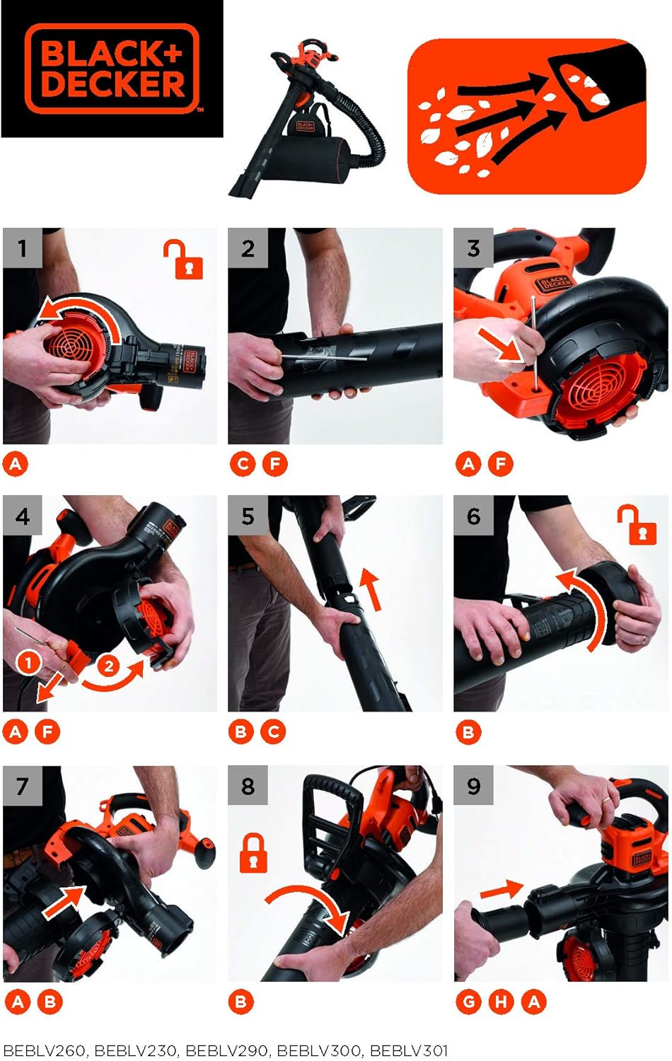 Black+Decker Aspiratore/Soffiatore Elettrico 3-in-1 BEBLV301 (3.000 Watt, con trituratore + rastrello raccogli foglie attaccabile, zaino raccogli foglie da 72l – elevata velocità di soffiaggio e potenza di aspirazione regolabile)