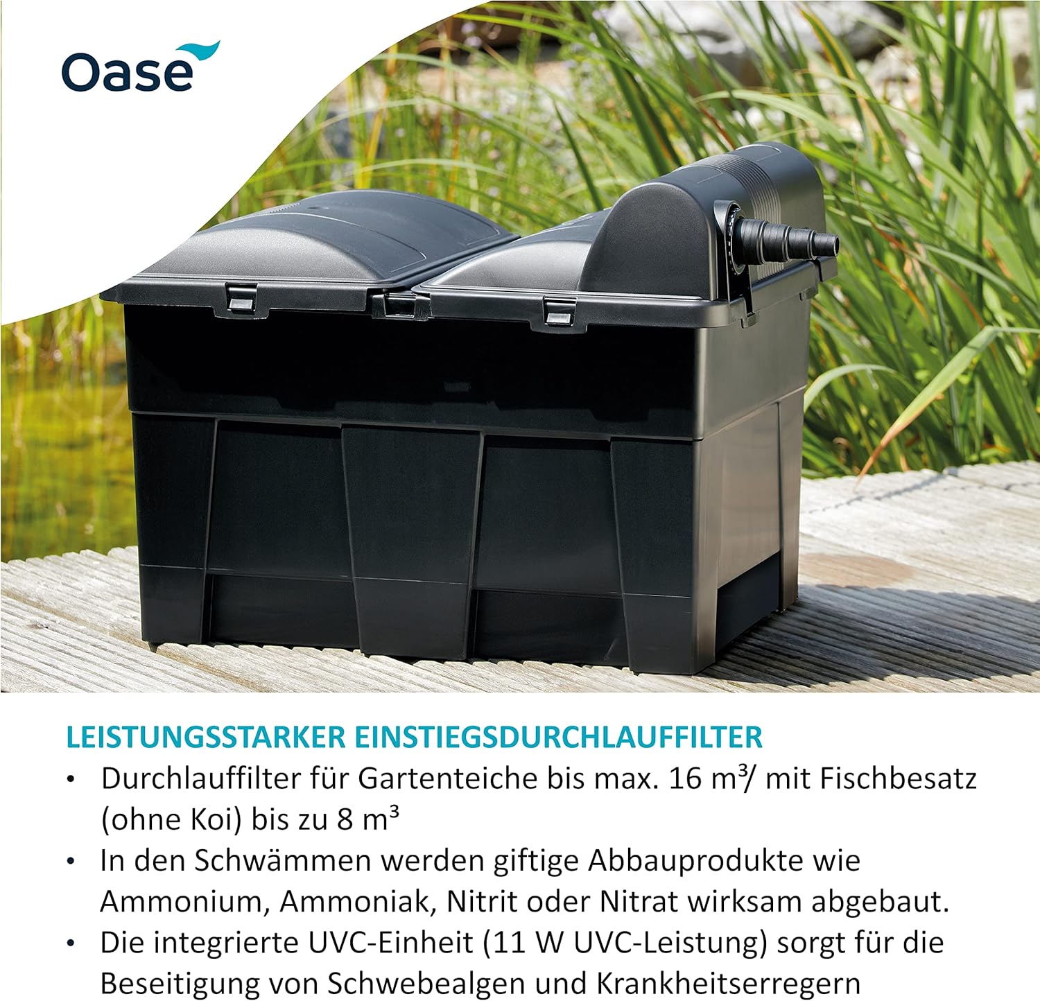 OASE 57377 Filtro a flusso continuo BioSmart UVC 16000 adatto per laghetti fino a 16 m³, sistema di filtraggio, set di filtraggio incl. materiale filtrante e chiarificatore UVC, nero