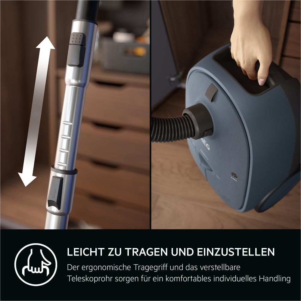 AEG CLEAN 6000 AB61C2DB Aspirapolvere con sacco / elevata potenza di aspirazione / include bocchetta per imbottiti / 50% plastica riciclata / ideale per proprietari di animali domestici / pulizia di tappezzeria / cavo da 12 m / 750 W / Blu