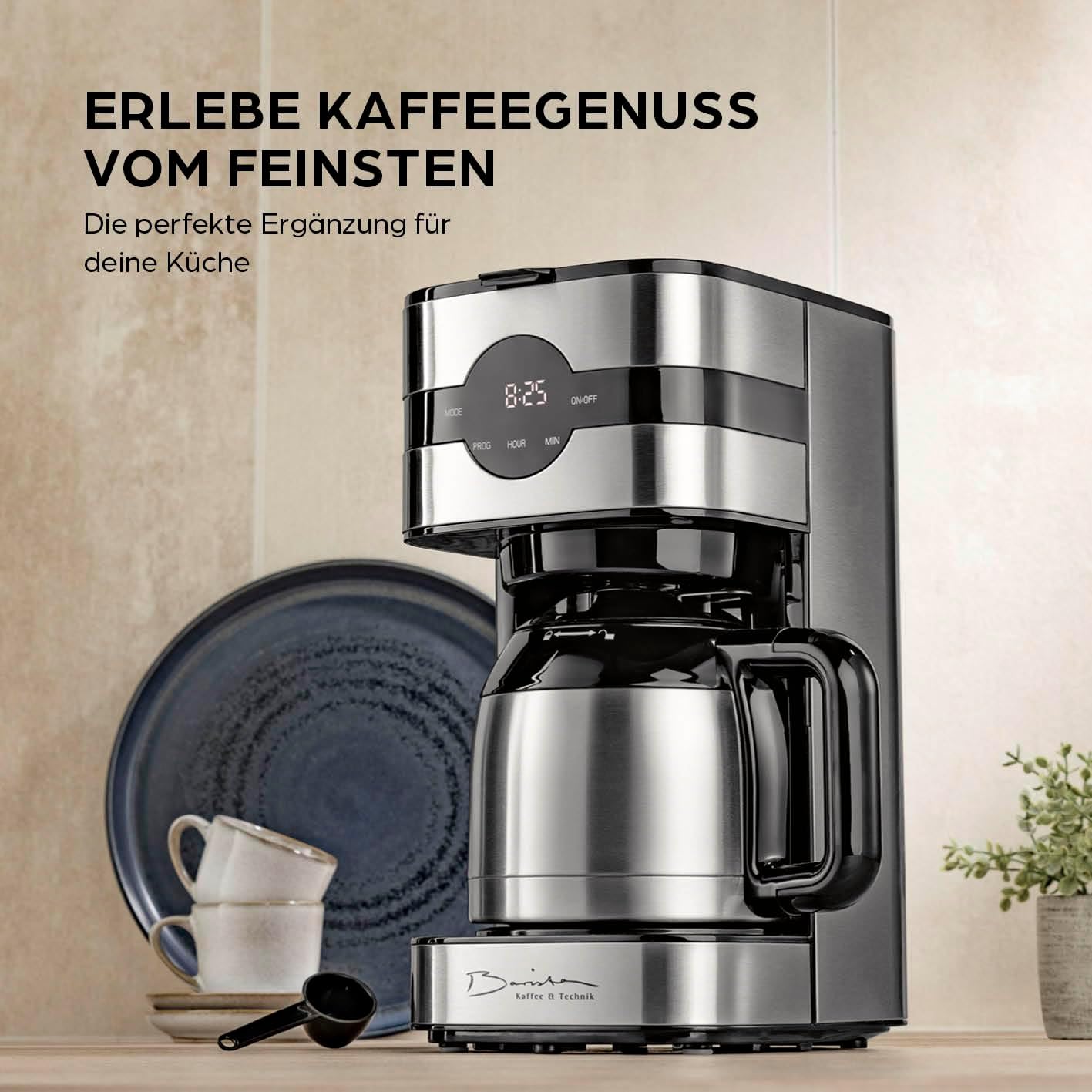 Barista Kaffeemaschine mit Mahlwerk | Filterkaffeemaschine mit Glaskanne | 900W Filtermaschine mit Touchdisplay & Timerfunktion für bis zu 10 Tassen | 1,25 Liter Kaffeekanne | Für Bohnen & Pulver
