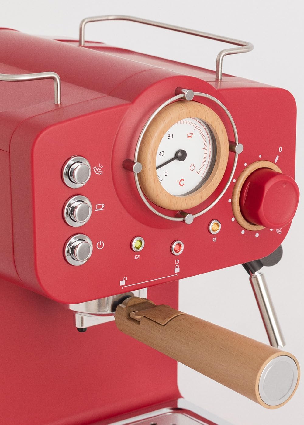 CREATE / THERA RETRO/Macchina da caffè espresso semiautomatica Rosa Pastello Opaco e Legno / Pompa a pressione 20bar, 1100W, Serbatoio acqua 1.25L, per caffè macinato, cialde ESE 55mm, con vaporizzatore, 1100W