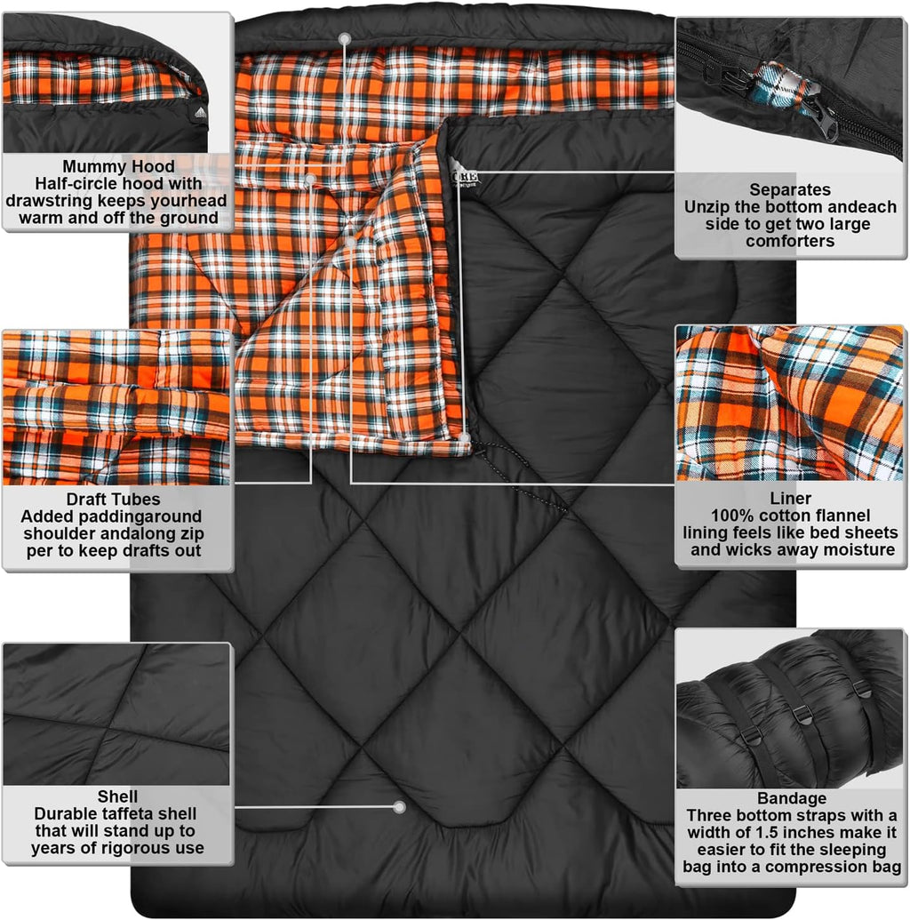 Mcota Winter 0 Grad Doppelschlafsack, Queen-Size-Größe, Schlafsack mit 100% Baumwoll-Flanellfutter, warm und wasserdicht, für 2 Personen Schlafsack für Camping, Angeln oder Jagd bei kaltem Wetter