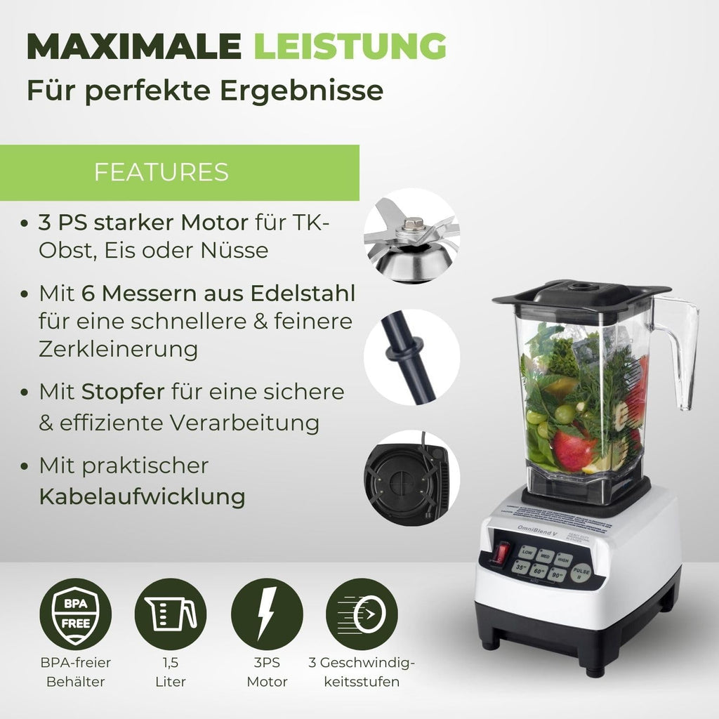 OmniBlend Frullatore 2L nero I Frullatore per smoothie con contenitore senza BPA e sistema a 6 lame in acciaio inox I Frullatore ideale per smoothie verdi I Frullatore da tavolo con motore da 3 CV
