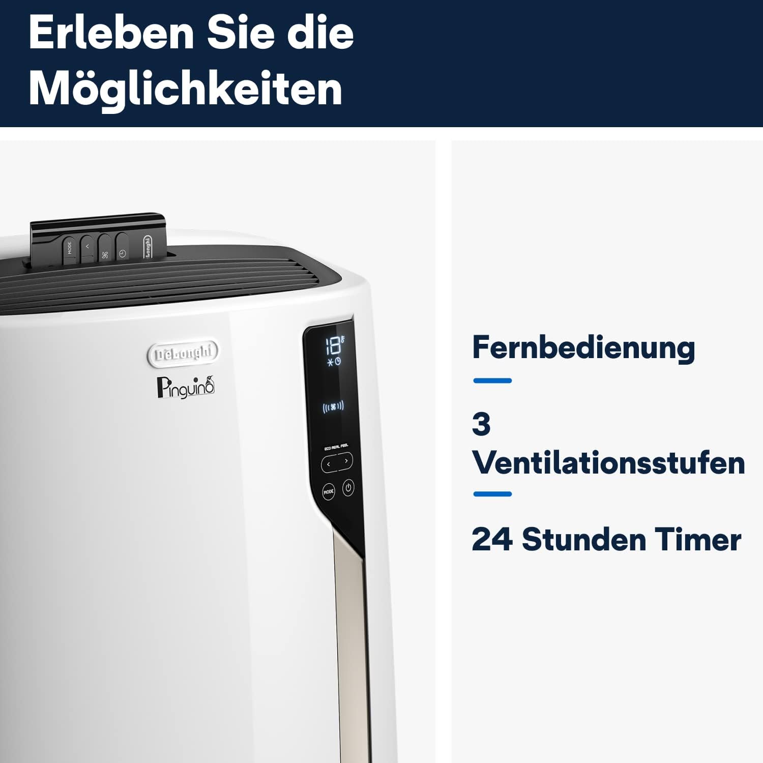 De'Longhi Pinguino PAC EM82, Condizionatore Portatile per ambienti fino a 80 m, 9.400 BTU, 2,4 kW, 63 dB, Funzione Deumidificatore, Classe Energetica A, Timer 24h, Bianco