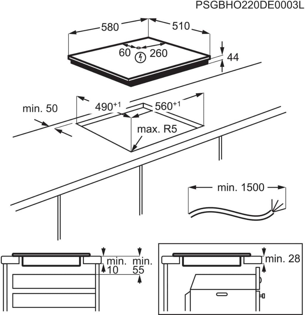 AEG piano cottura a induzione autonomo 80cm con cappa integrata / Prodotto in Germania / 4 zone cottura Flexi con funzione Bridge (combinazione di 2 zone) / Funzione automatica della cappa / Filtro a carbone attivo / COLI84COXB