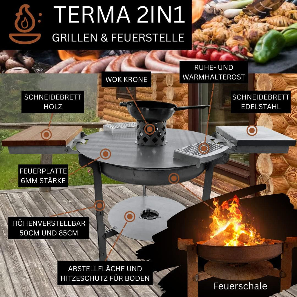 Terma Accessori Tagliere in legno Cucina da esterno, piastra plancha, grill con piastra in ghisa, ripiano per piastra in ghisa, braciere con griglia, anello per griglia per braciere