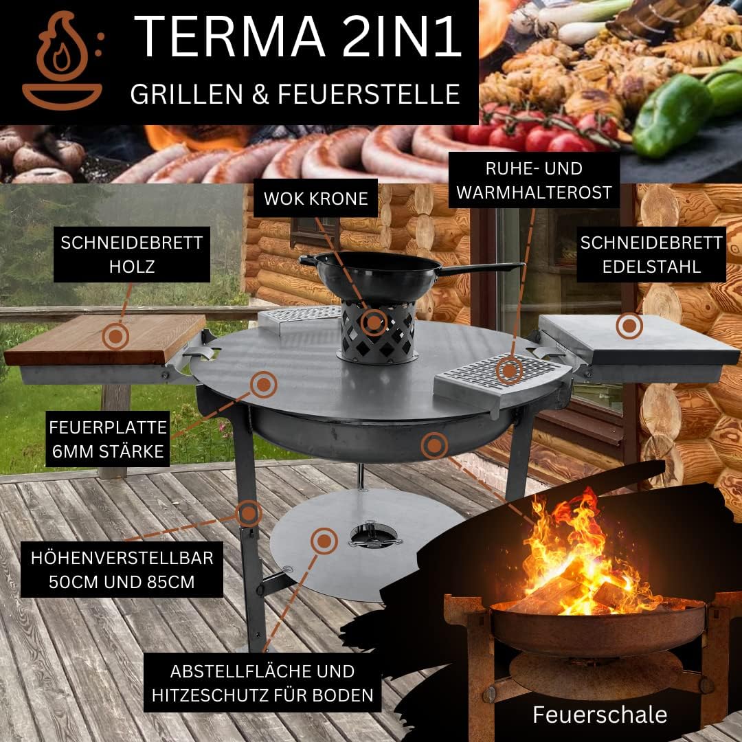 Terma Accessori Tagliere in legno Cucina da esterno, piastra plancha, grill con piastra in ghisa, ripiano per piastra in ghisa, braciere con griglia, anello per griglia per braciere