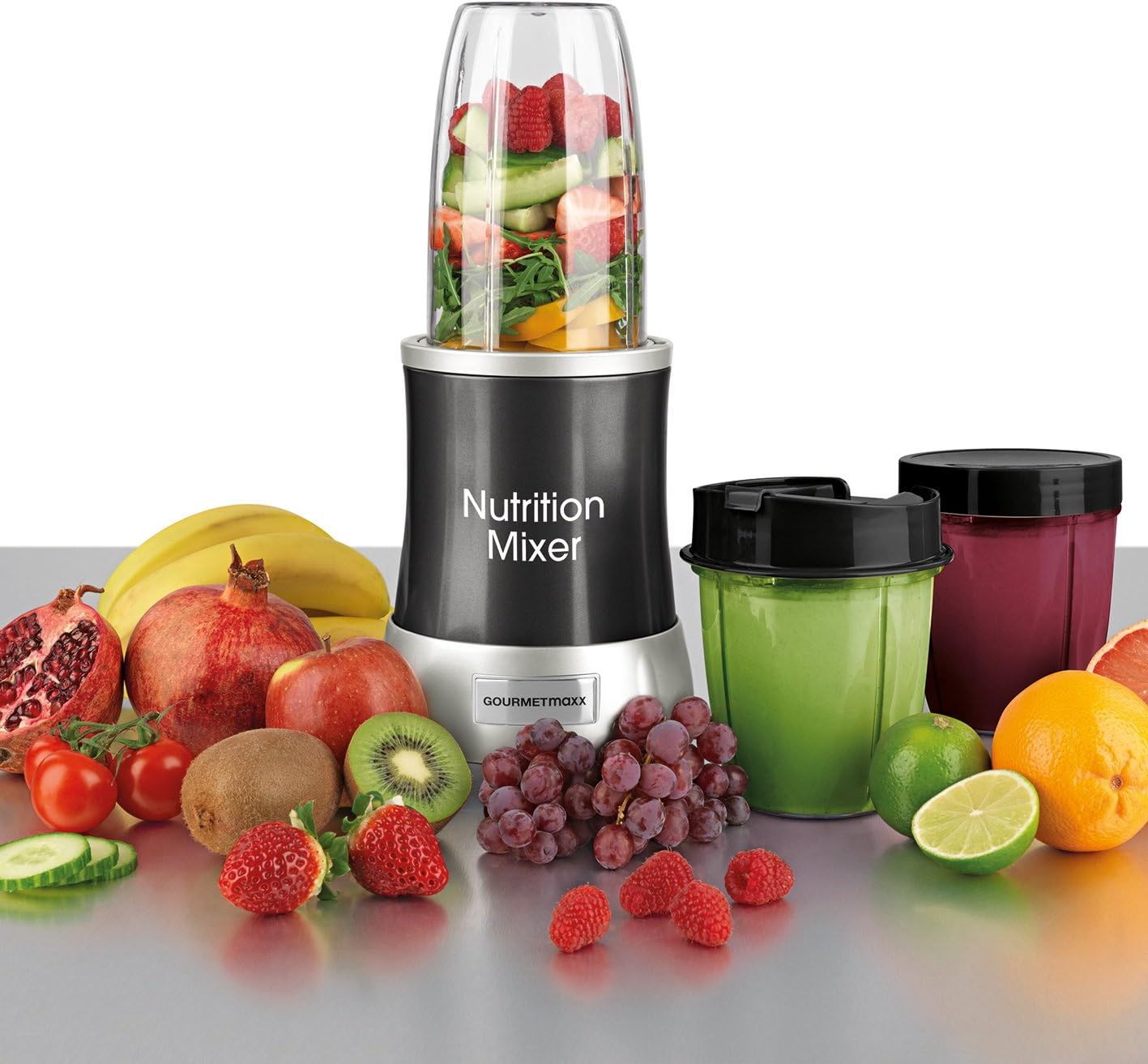 GOURMETmaxx Frullatore per Smoothie e Frullatore a Immersione Set da 18 pezzi - 400W | Frullatore Elettrico da 750ml, Mixer con 4 Bicchiere To-Go, 2 Lame, Spremiagrumi, Piedistallo e Coperchio | Lavabile in Lavastoviglie, a Prova di Perdite e Senza BPA