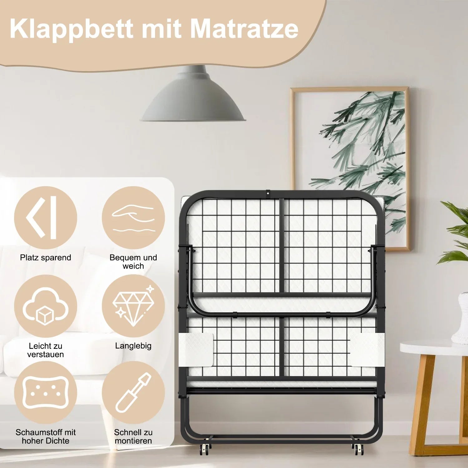Sonnewelt Letto Pieghevole 90x200cm con spessore di 13cm e rotelle