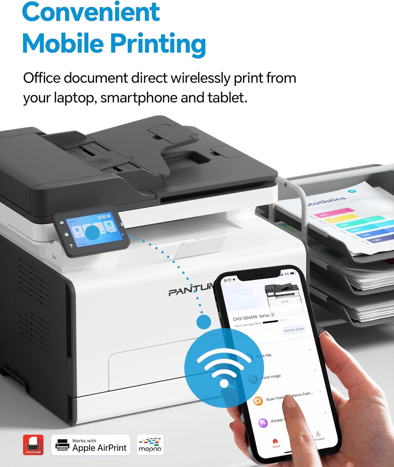PANTUM CM2100ADW Stampante Laser, Stampante Multifunzione a Colori per Stampa, Copia e Scansione con ADF, Stampa Fronte/Retro Automatica, Wi-Fi NET USB, 20 ppm, per Casa e Ufficio
