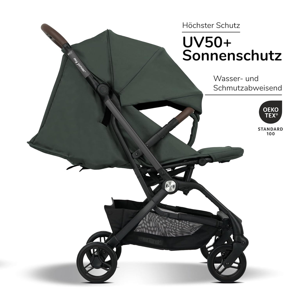 my junior® Buggy PICO³ | bis 22kg | Einhand AutoFold-Klappmechanismus | Ergonomische Liegeposition nach IGR e.V. | großes Sonnenverdeck UV50+ | Handgepäckmaß | 2 Belüftungsfenster Hazel - Black