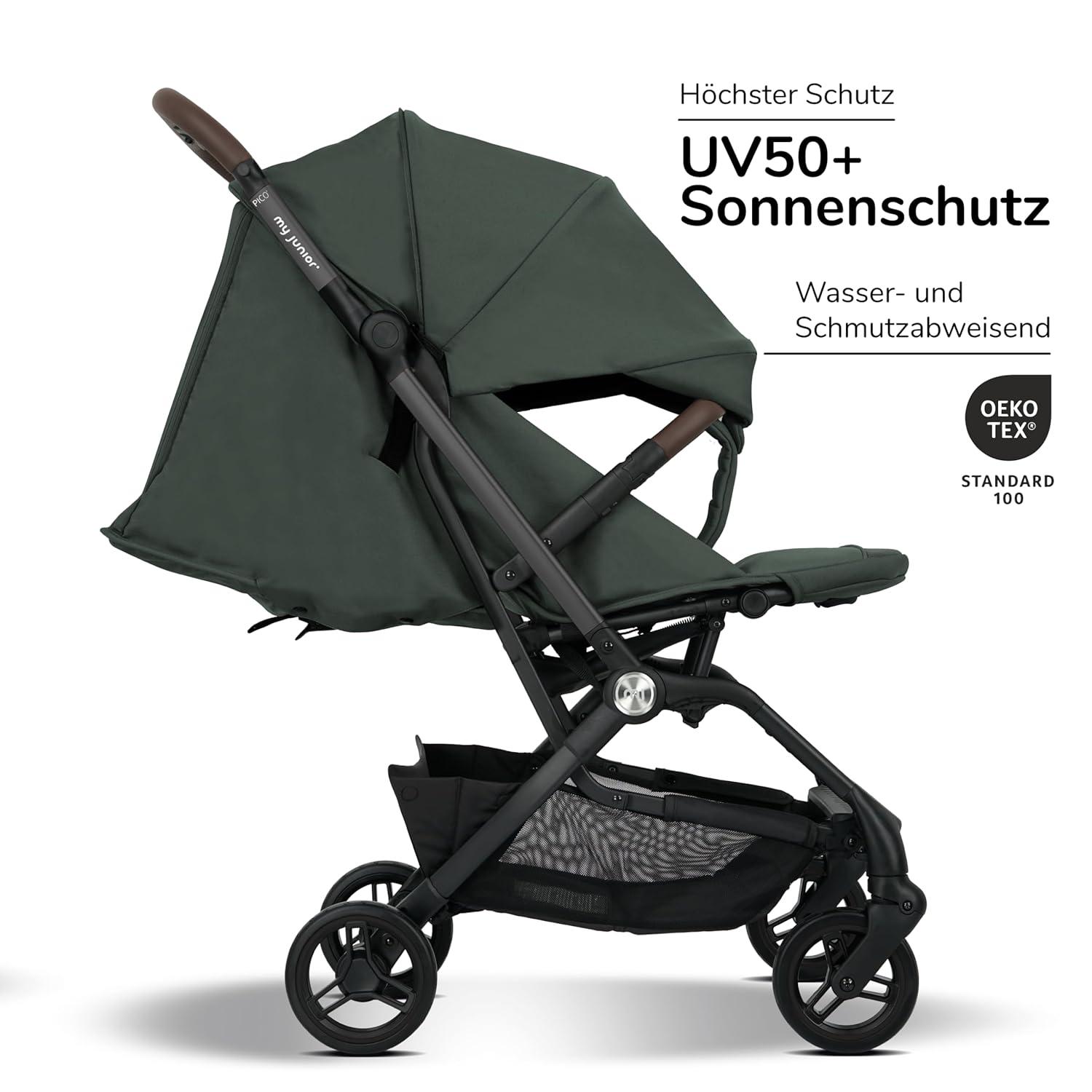 my junior® Buggy PICO³ | bis 22kg | Einhand AutoFold-Klappmechanismus | Ergonomische Liegeposition nach IGR e.V. | großes Sonnenverdeck UV50+ | Handgepäckmaß | 2 Belüftungsfenster Hazel - Black