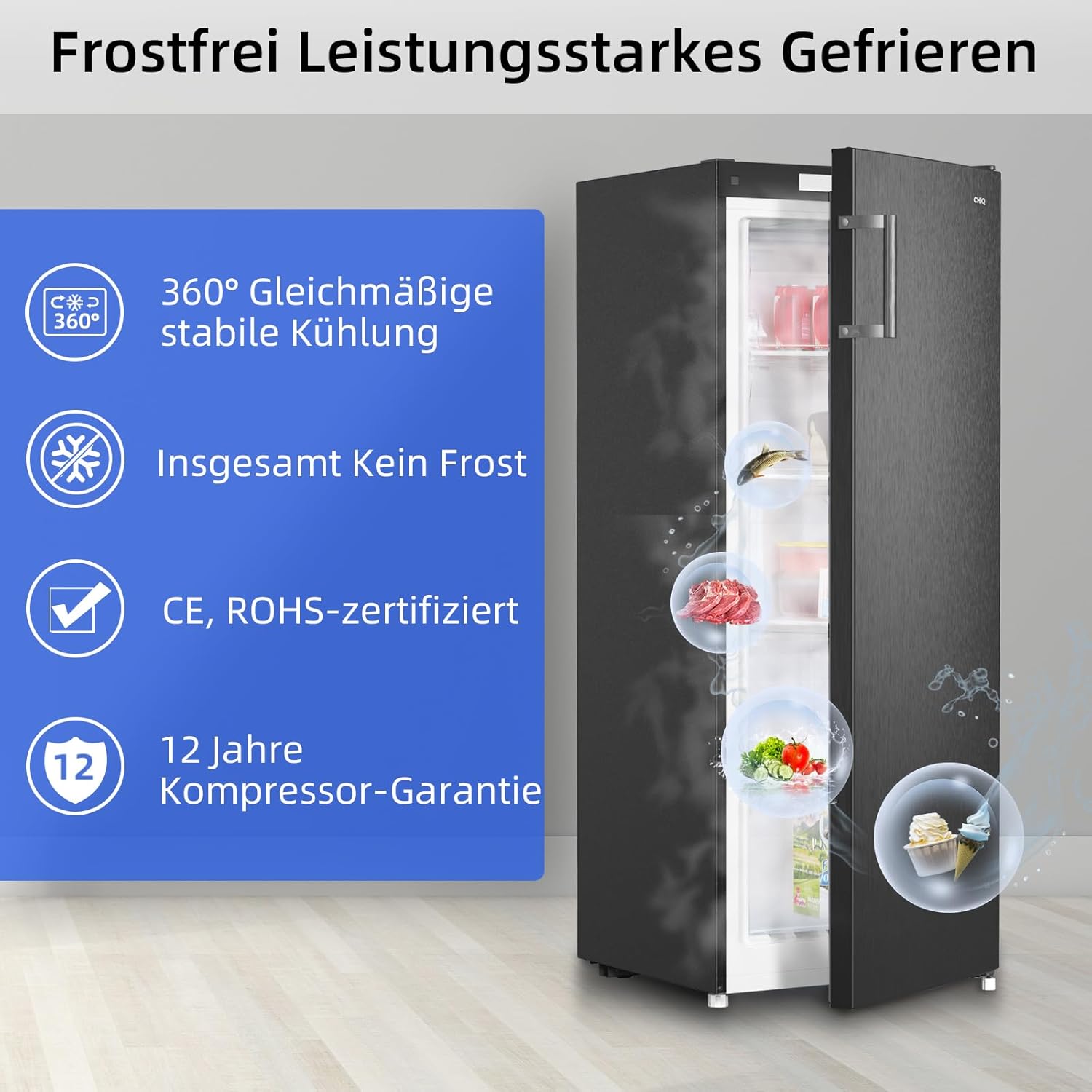 CHiQ FSD166NE4E Congelatore 166 L, Tecnologia No Frost, Porta Reversibile, Acciaio Inox Nero, Altezza 144 cm