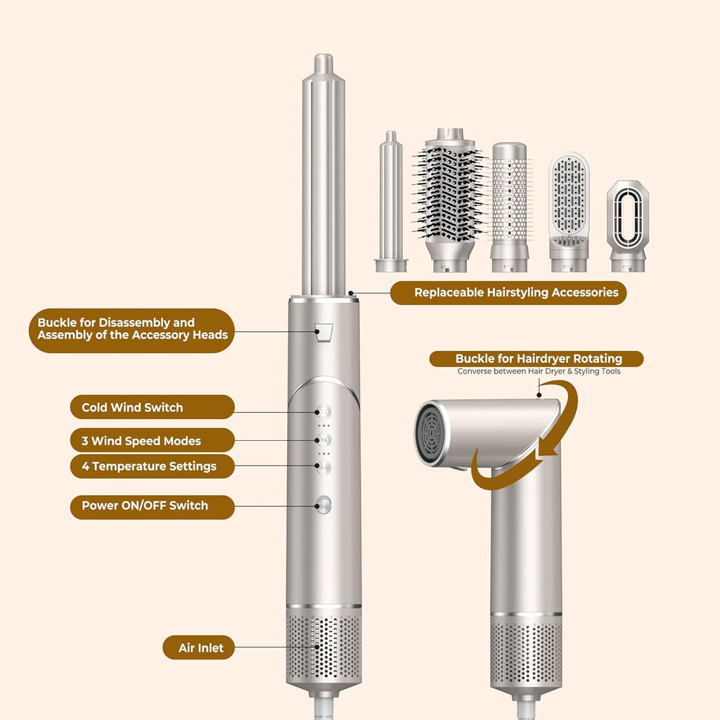 UKLISS 7 in 1 Pro Airstyler & Ionen Föhn [110,000RPM] High-speed Haartrockner Ionen Hair Dryer, mit Heißluft Lockenwickler Thermal Brush Haarglätterbürste Warmluftbürste Föhnbürste, 1200W/Blau