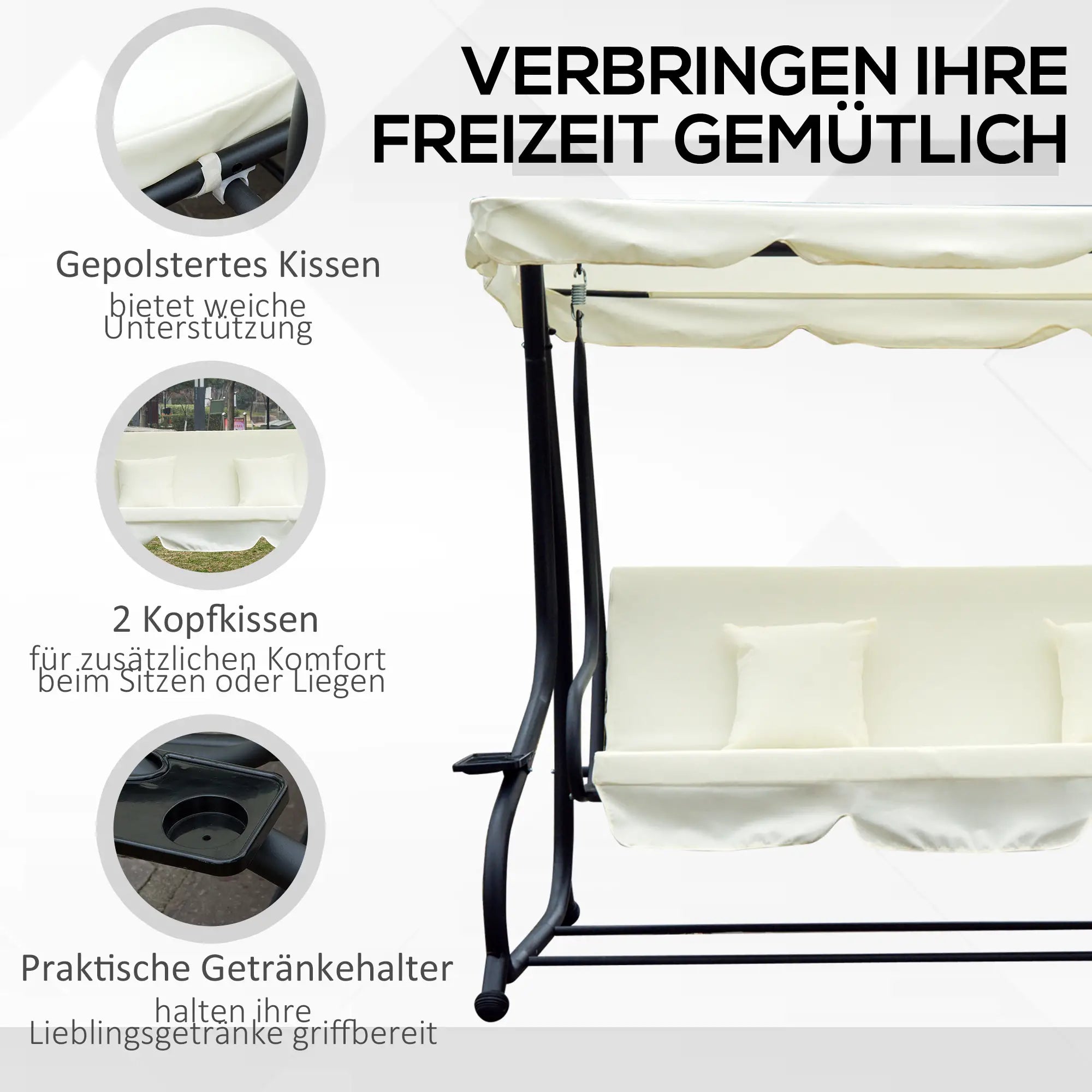 Outsunny Altalena da Giardino a 3 Posti con Funzione Letto, Protezione UV, Bianco Crema