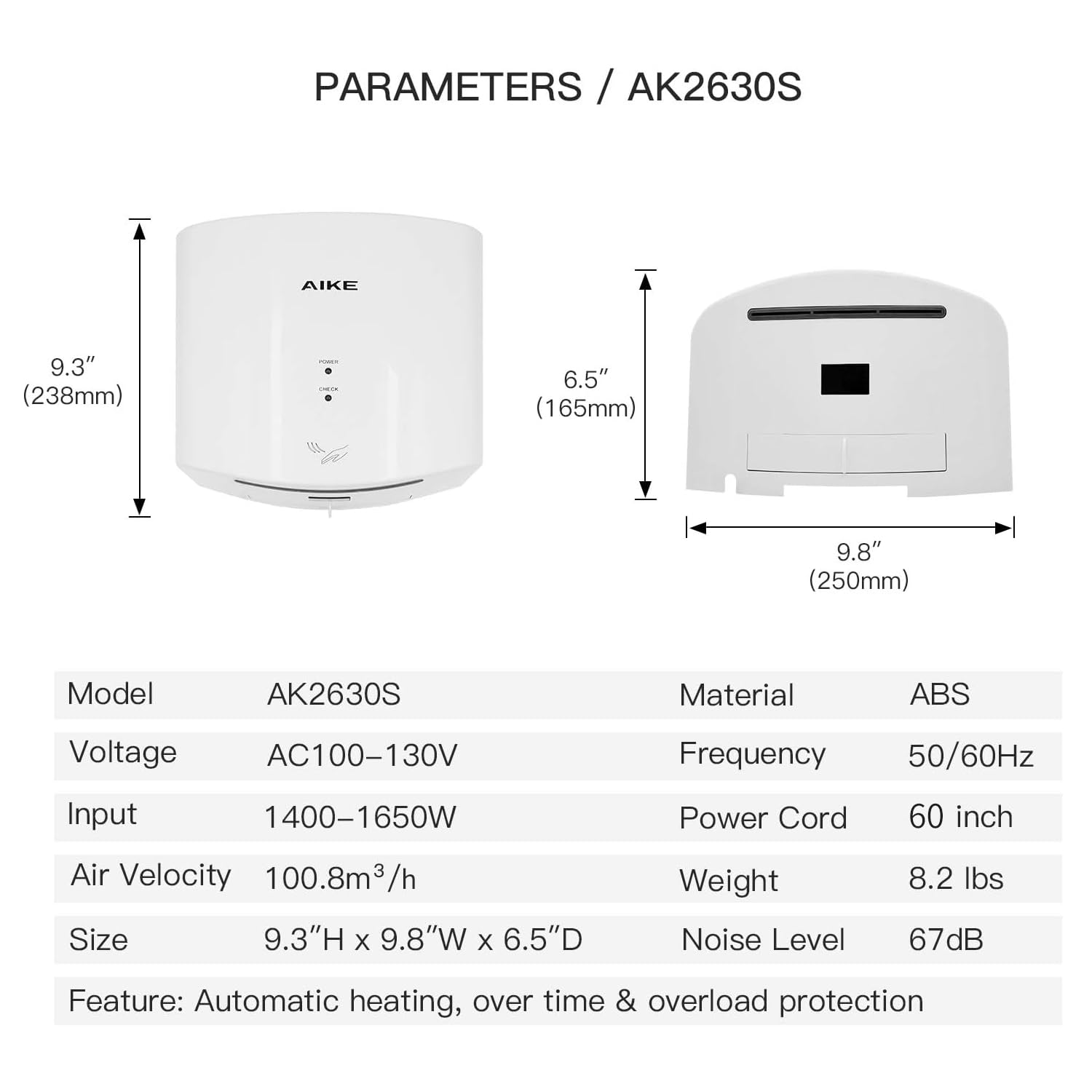 AIKE Hndetrockner 10 Sekunden Trocknen Energiesparend Kommerziell Elektrischer Hndetrockner Automatisch für Küche Badezimmer Toilette AK2630S 220V 1400W Silber