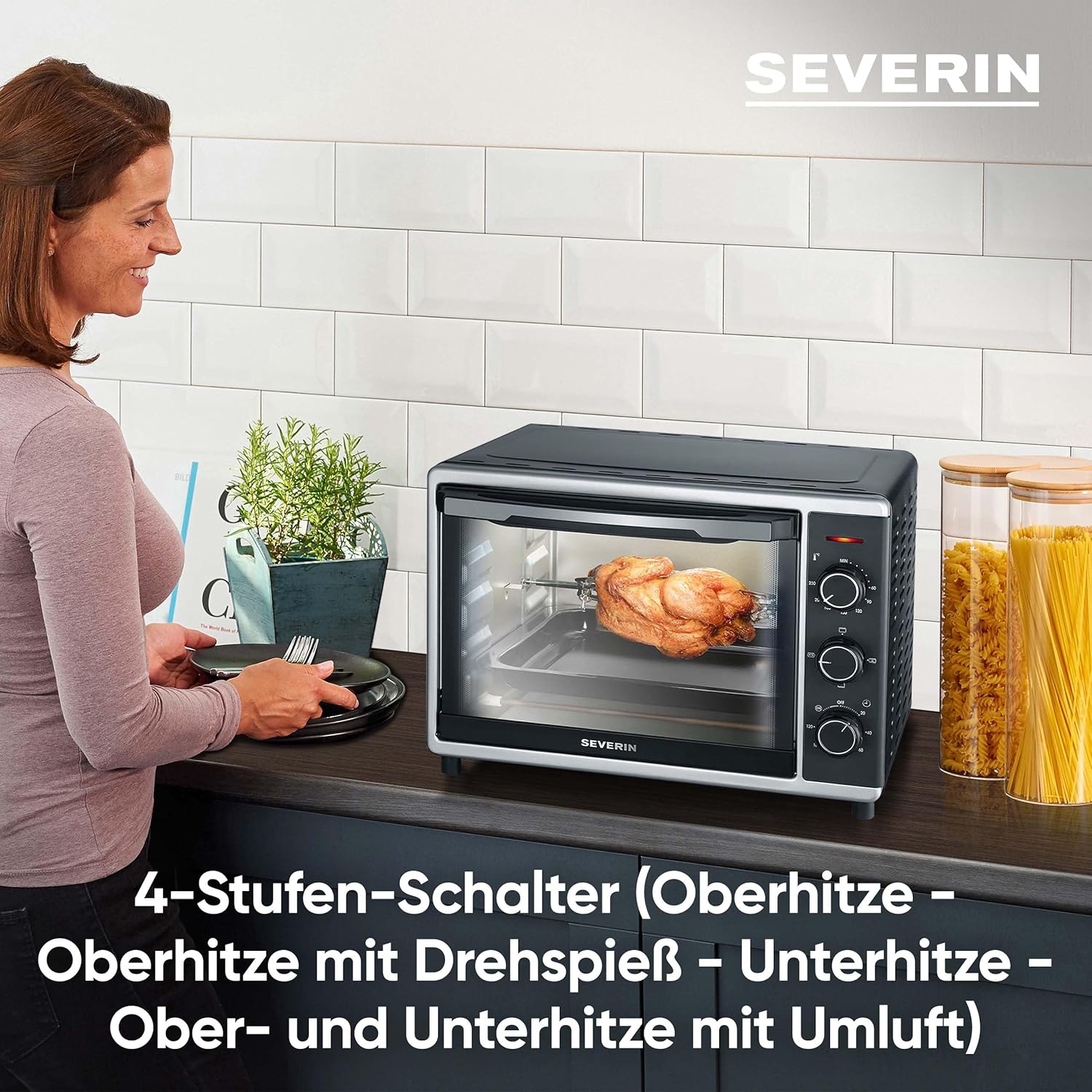 SEVERIN Forno e Tostapane con funzione ventilata, Mini Forno con griglia, teglia da forno, spiedo rotante e pietra per pizza, forno ventilato versatile con capacità di 42 L, 1.800 W, nero, TO 2058