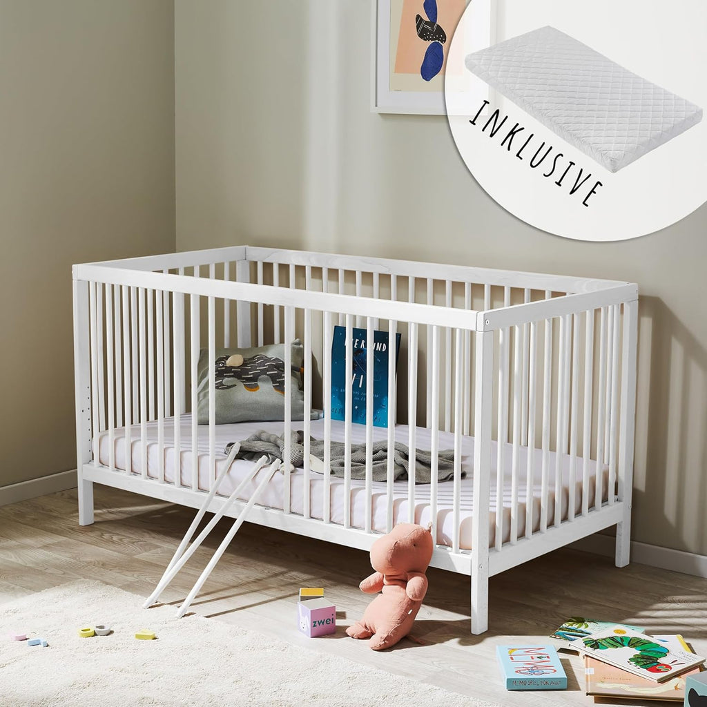 Kids Collective Lettino per neonati 60x120 regolabile in altezza e sponde rimovibili, opzionale con cassetto e materasso | Legno di faggio bianco molto stabile Prodotto in Europa