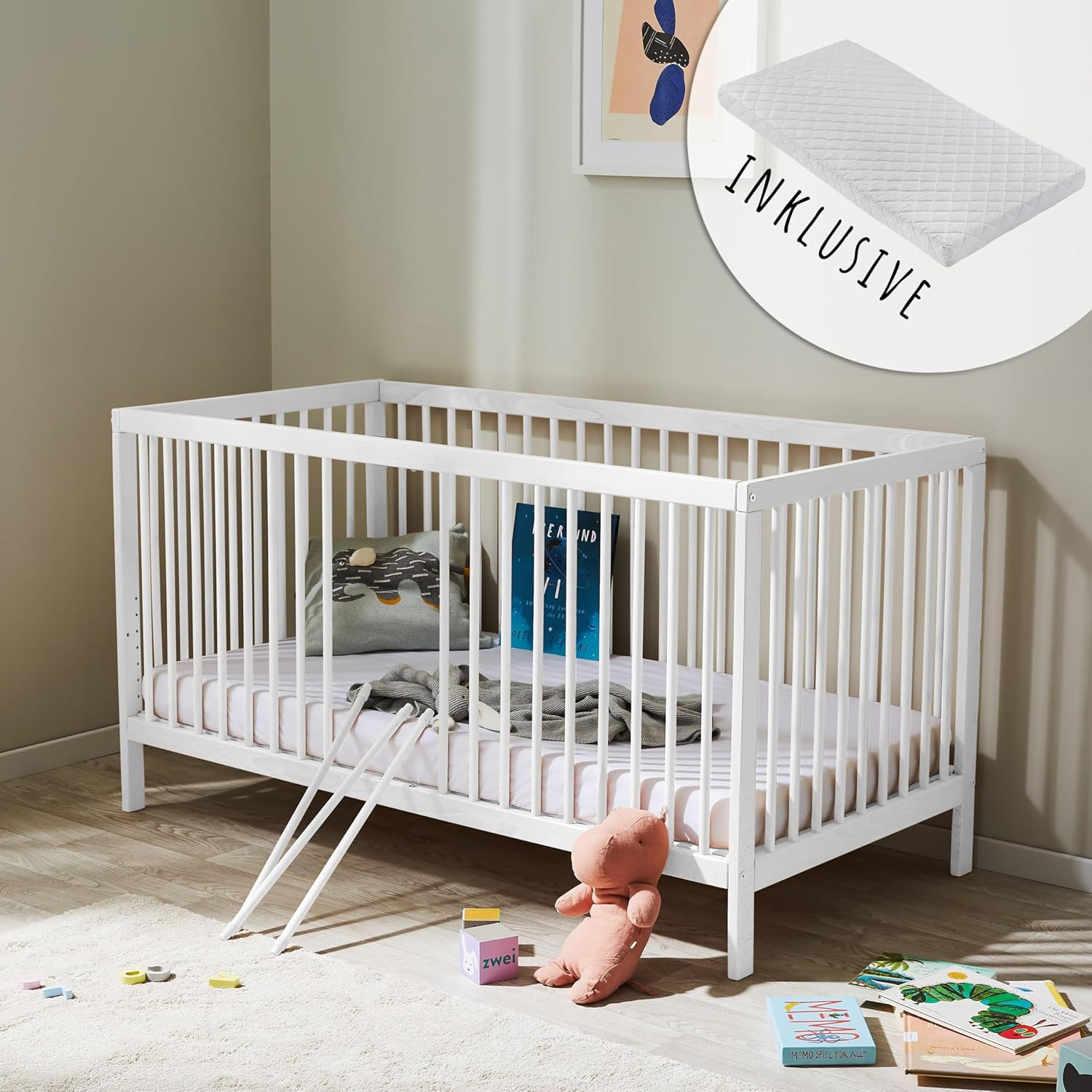 Kids Collective Lettino per neonati 60x120 regolabile in altezza e sponde rimovibili, opzionale con cassetto e materasso | Legno di faggio bianco molto stabile Prodotto in Europa