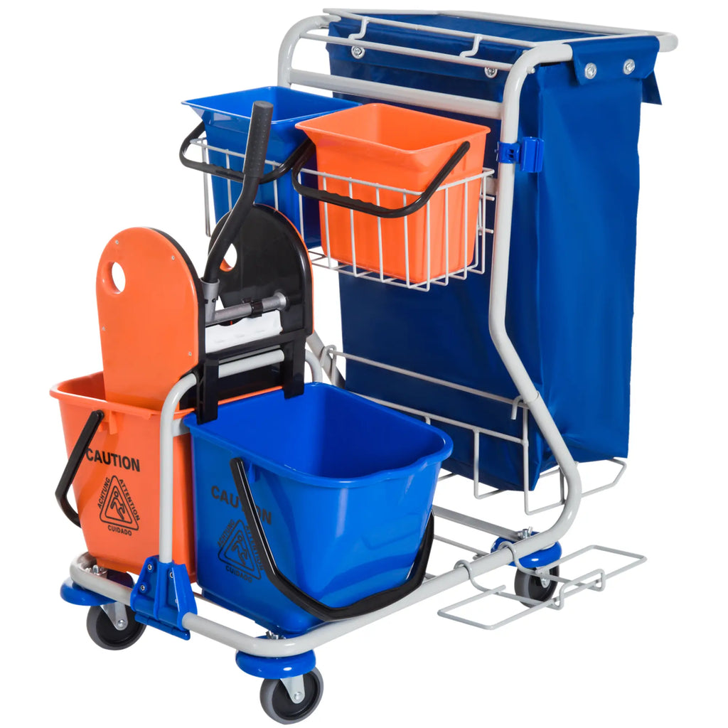 HOMCOM Reinigungswagen Putzwagen 4 Eimer Mopp-Presse Abfallsack